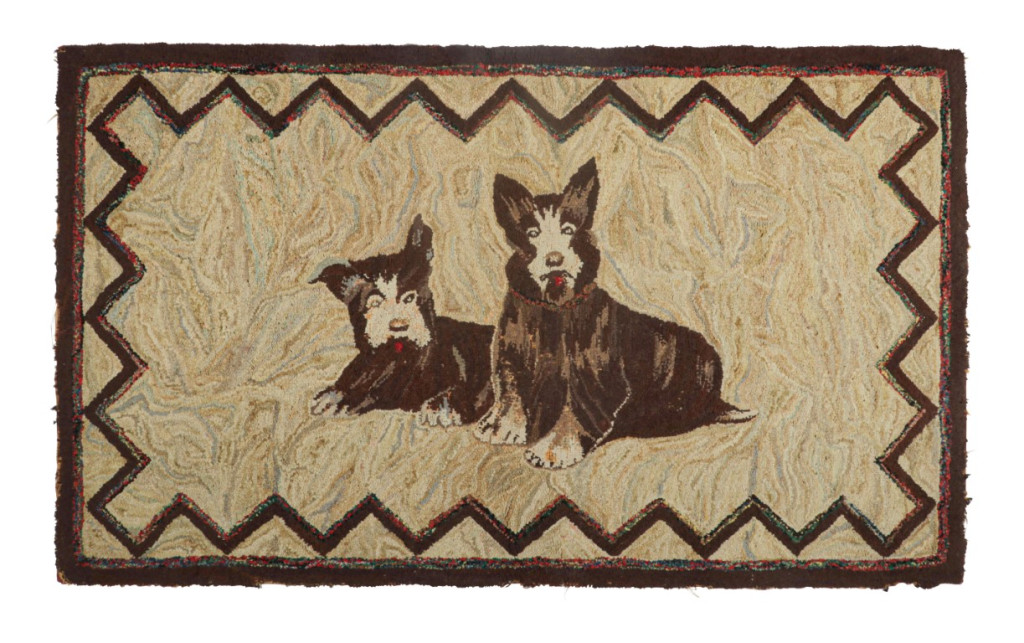 Antique Hooked Rug in Beige-Brown with Dog Pictorials