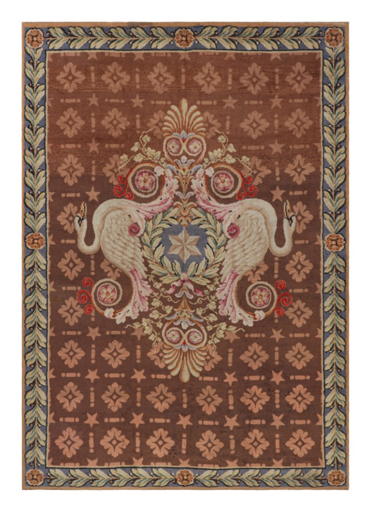 Antique French Savonnerie Rug in Brown and Green with Medallion - Rug & Kilim