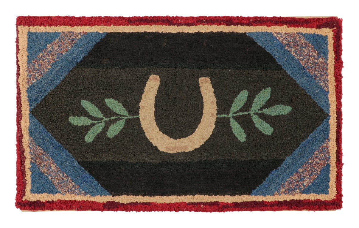 Antique Hooked Horseshoe Pictorial Rug