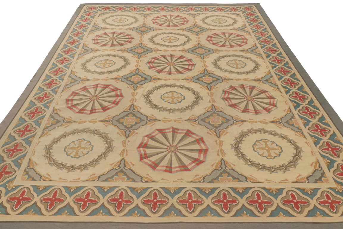 Vintage French Aubusson Rug in Beige with Geometric Medallions