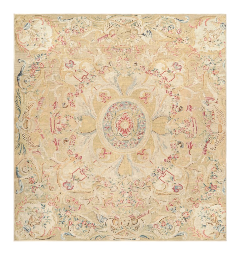 Oversized Antique French Aubusson Beige Rug with Floral Medallion - Rug & Kilim