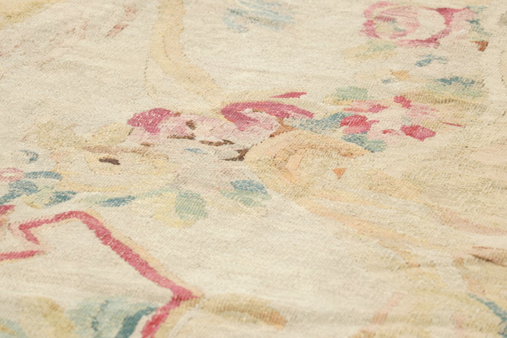 Hover image of Oversized Antique French Aubusson Beige Rug with Floral Medallion - Rug & Kilim