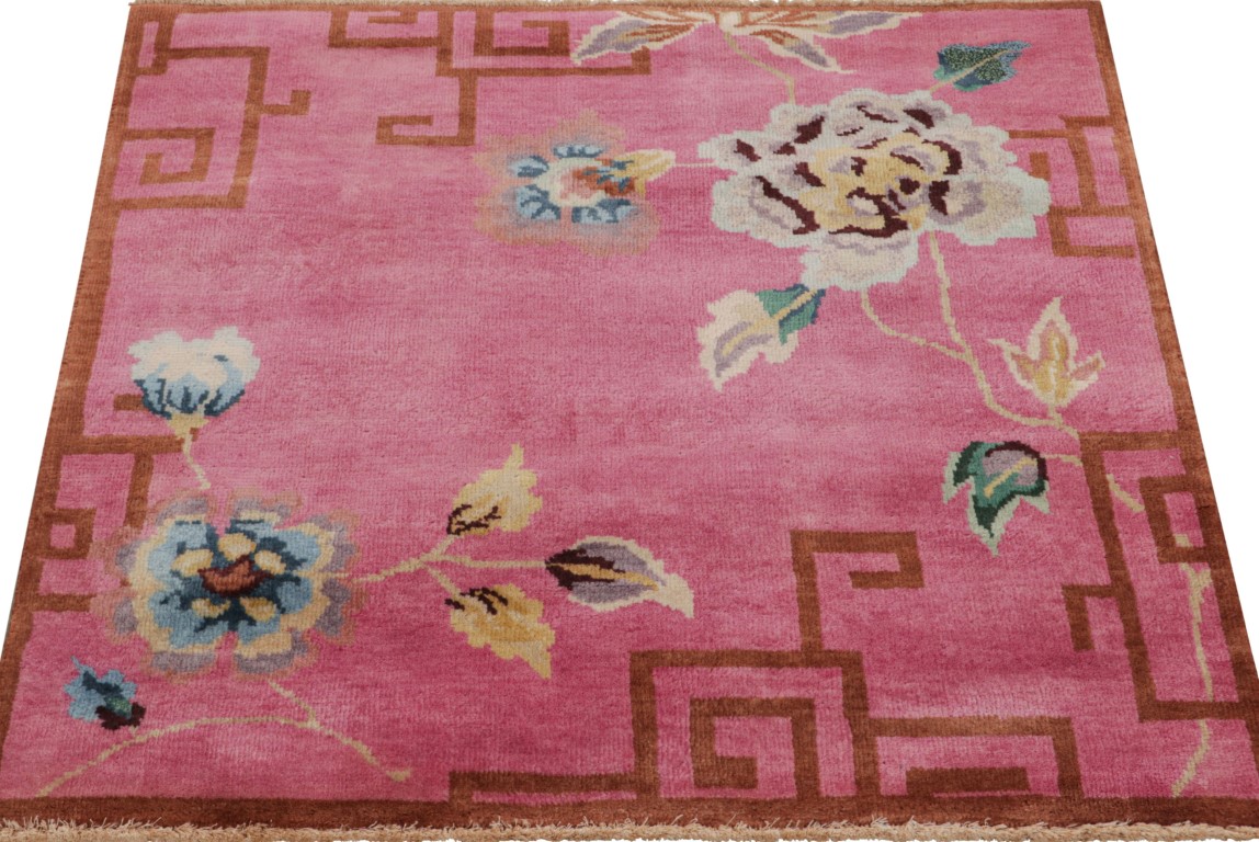 Chinese Art Deco Floral Square Rug