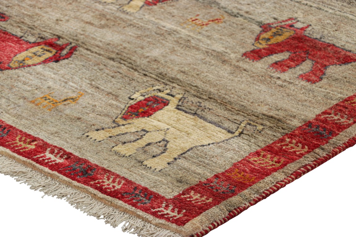 Vintage Gabbeh Persian Rug, Beige and Red Tribal Animal Pictorial