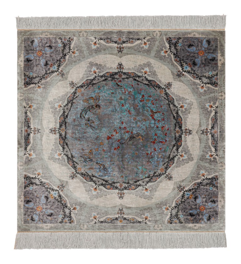 Rug & Kilim’s Modern Square Rug in Silver, Black, and Blue with Medallion “Shekar”