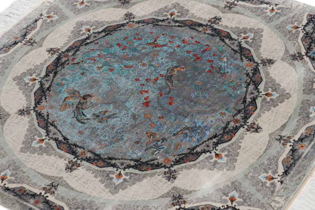 Hover image of Rug & Kilim’s Modern Square Rug in Silver, Black, and Blue with Medallion “Shekar”