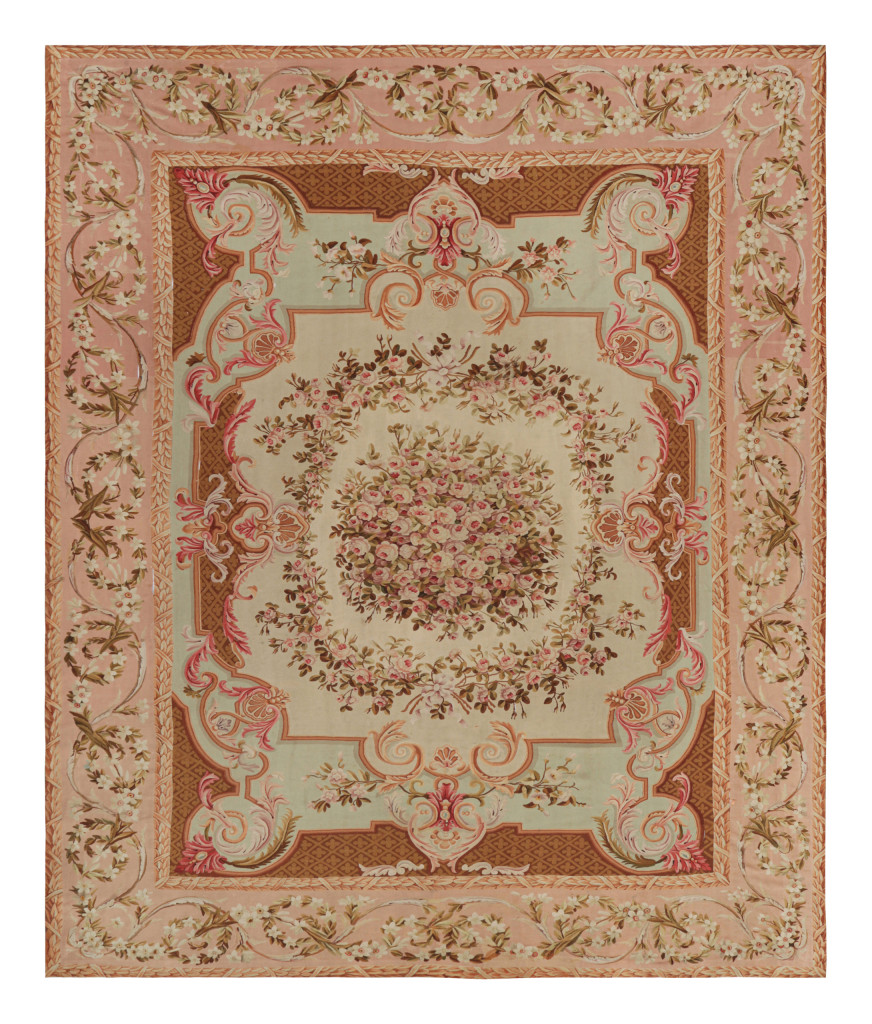Oversized Antique Aubusson Rug, Floral Medallion in Cream