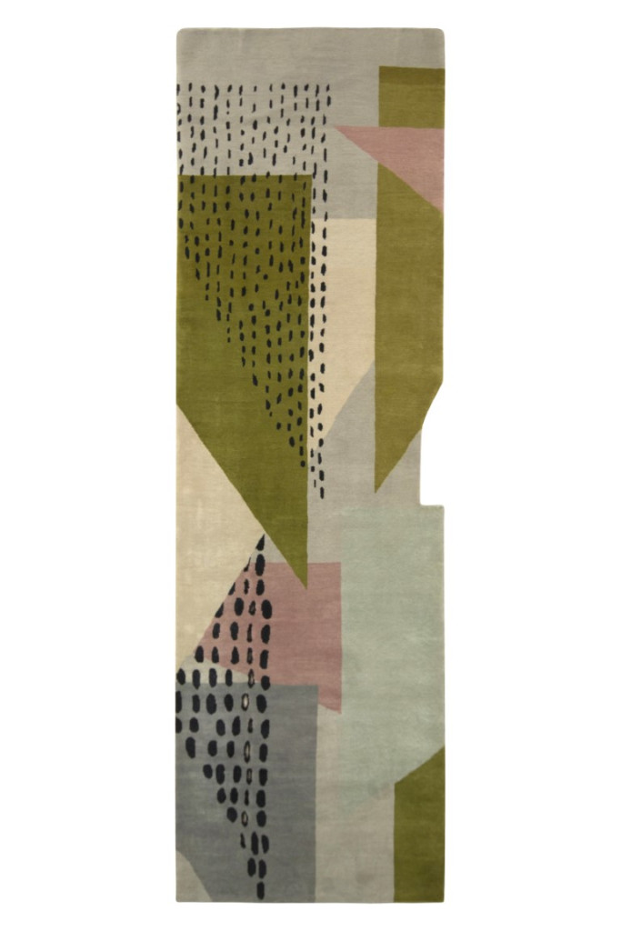 Rug & Kilim’s Mid-Century Modern Runner in Green and Rose Geometric Pattern