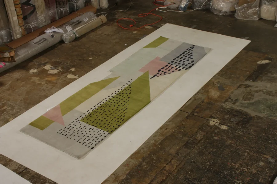 Hover image of Rug & Kilim’s Mid-Century Modern Runner in Green and Rose Geometric Pattern