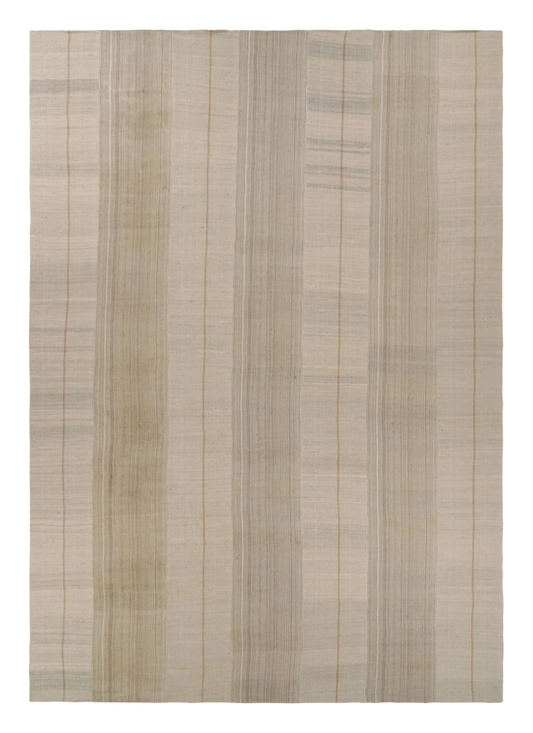 Oversized Vintage Kilim in Beige & Cream Hues with Geometric Stripes - Rug & Kilim