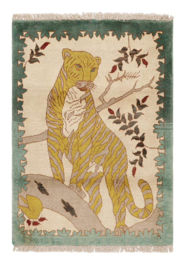 Vintage Gabbeh Persian Rug, Cream with Gold Lion Pictorial - Rug & Kilim