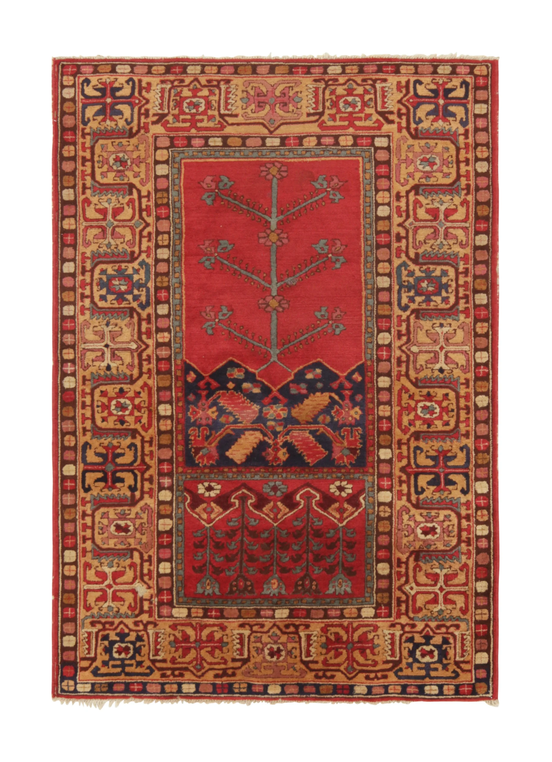 Antique Tetex Hooked Rug, Red Geometric