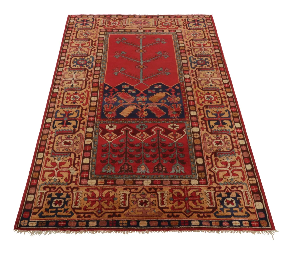 Antique Tetex Hooked Rug, Red Geometric