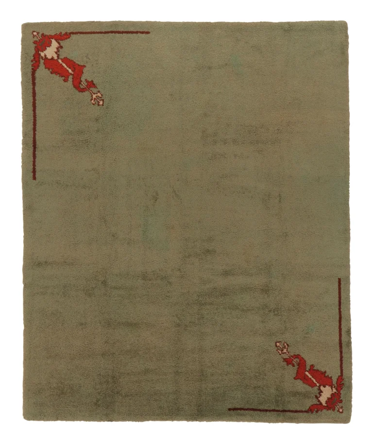 Vintage Swedish Rya Rug with Vast Green Open Field & Red Accents - Rug & Kilim