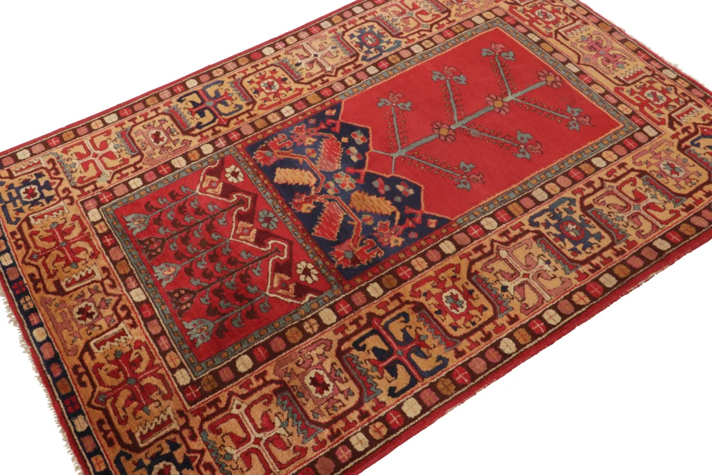 Antique Tetex Hooked Rug, Red Geometric