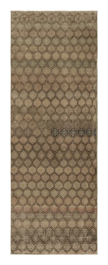 Vintage Distressed Runner Rug, Beige-Brown Geometric Pattern - Rug & Kilim