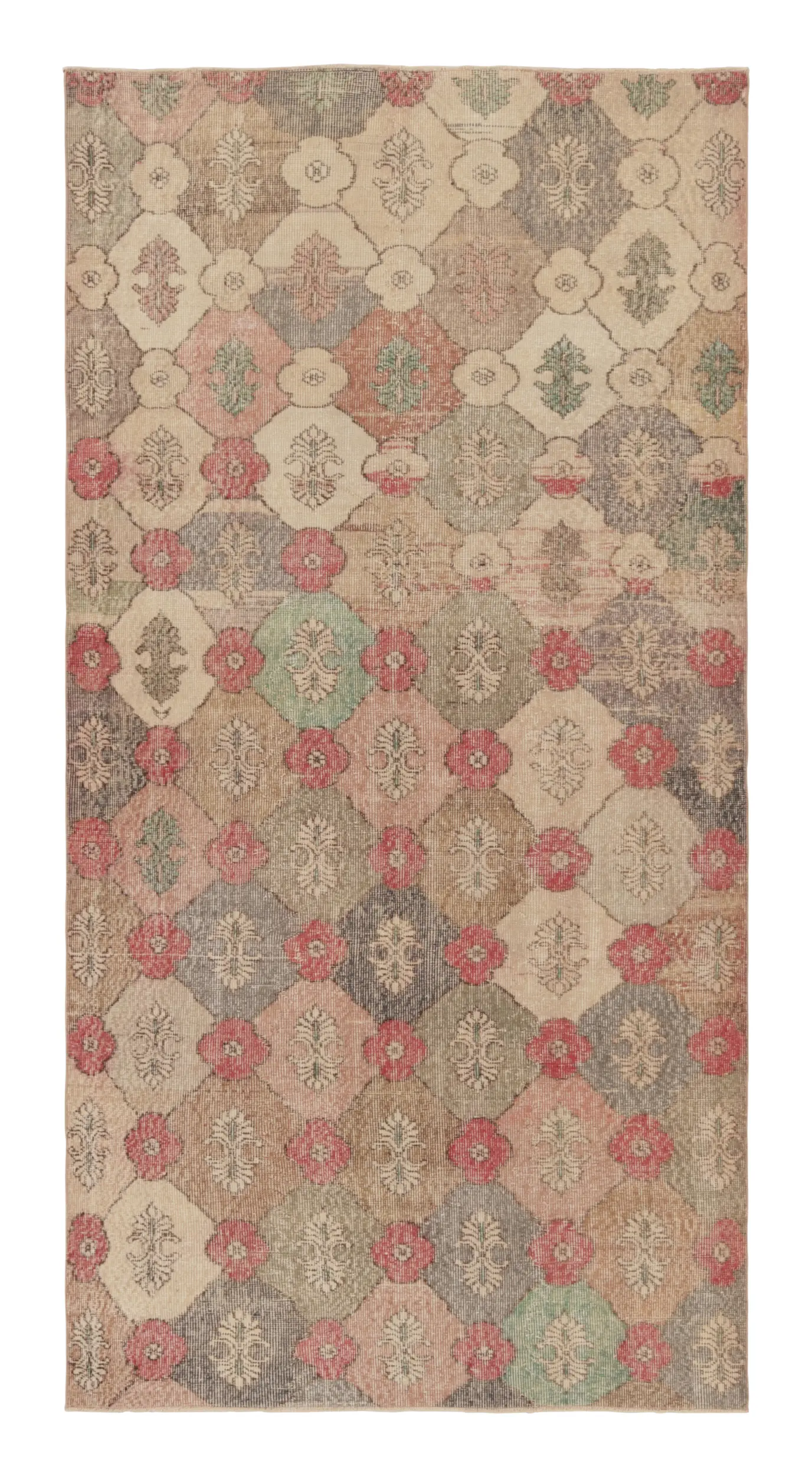 Vintage Turkish Distressed Floral Geometric Rug