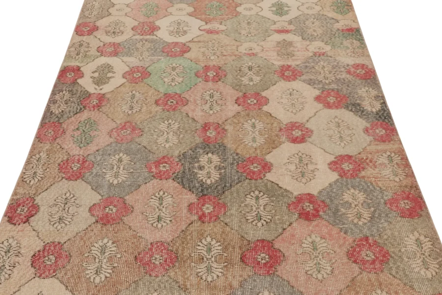 Vintage Turkish Distressed Floral Geometric Rug