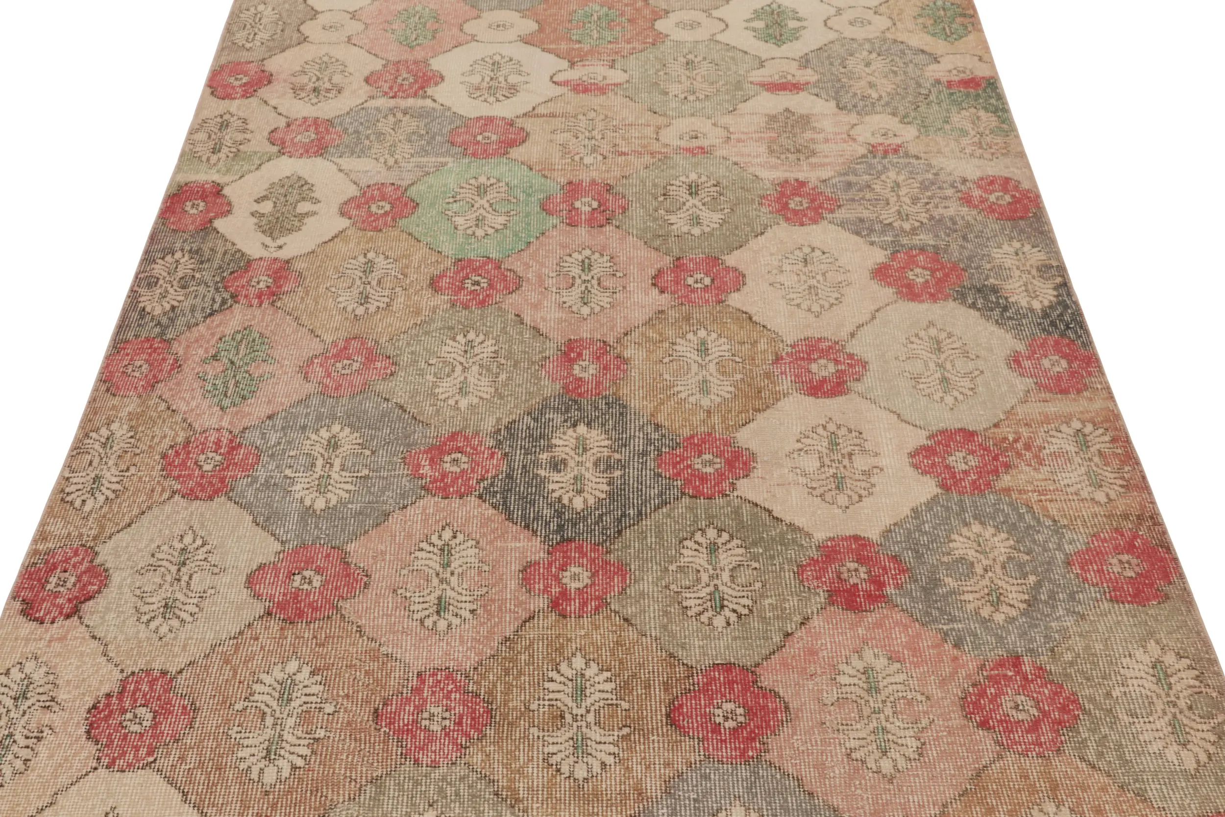 Vintage Turkish Distressed Floral Geometric Rug