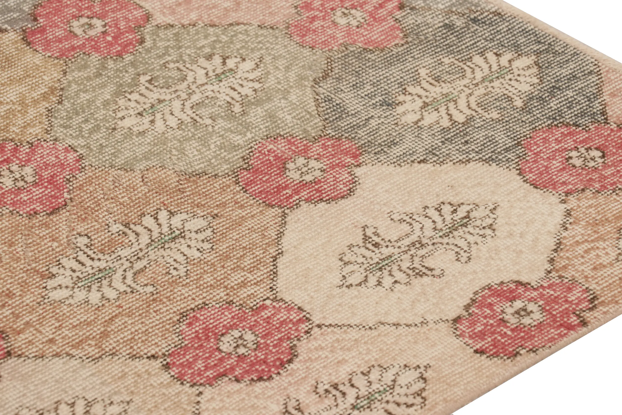 Vintage Turkish Distressed Floral Geometric Rug