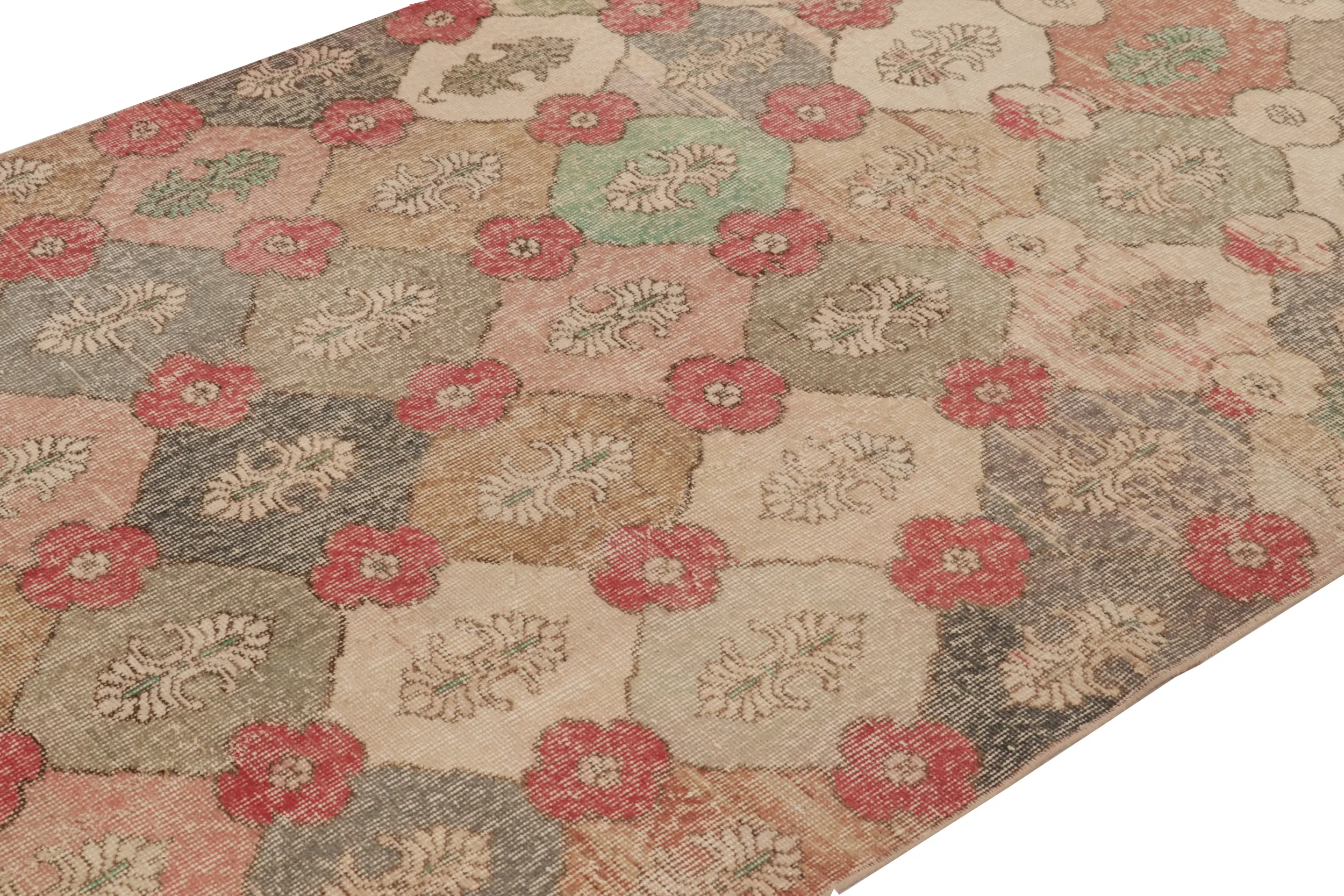 Vintage Turkish Distressed Floral Geometric Rug