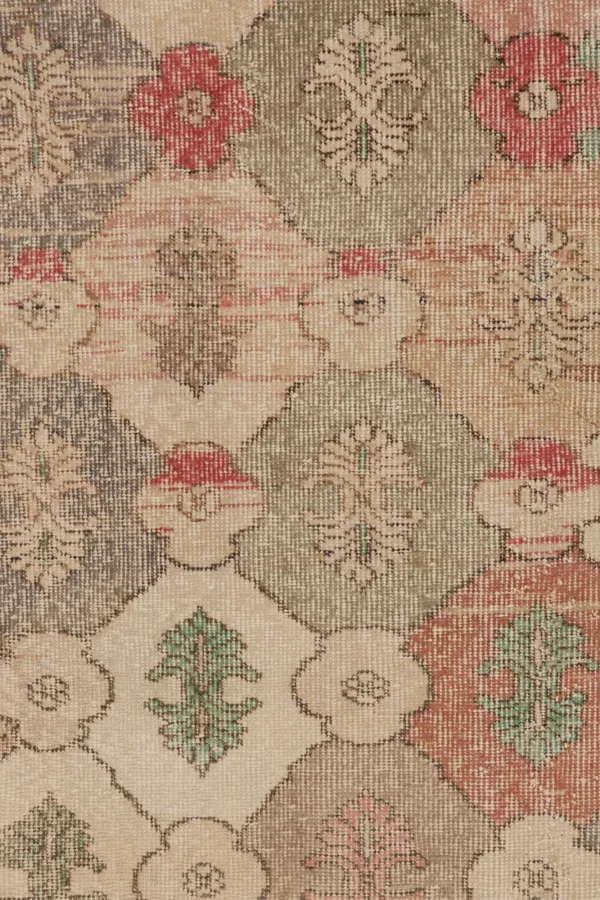 Vintage Turkish Distressed Floral Geometric Rug