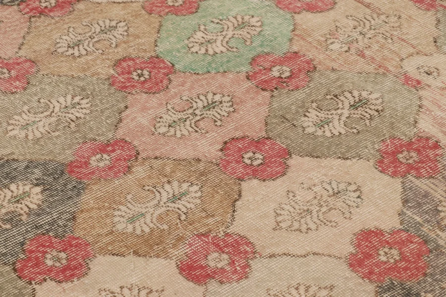 Vintage Turkish Distressed Floral Geometric Rug