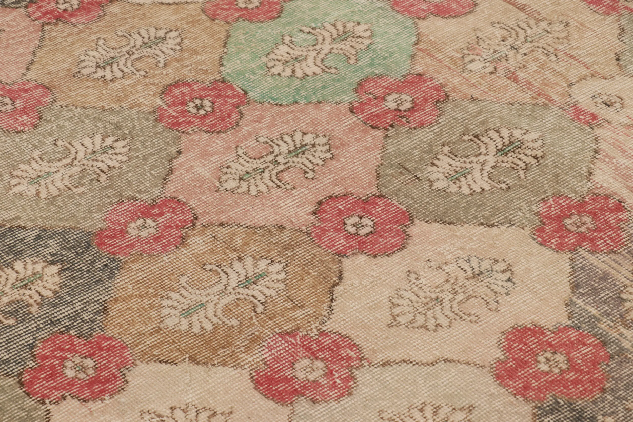 Vintage Turkish Distressed Floral Geometric Rug