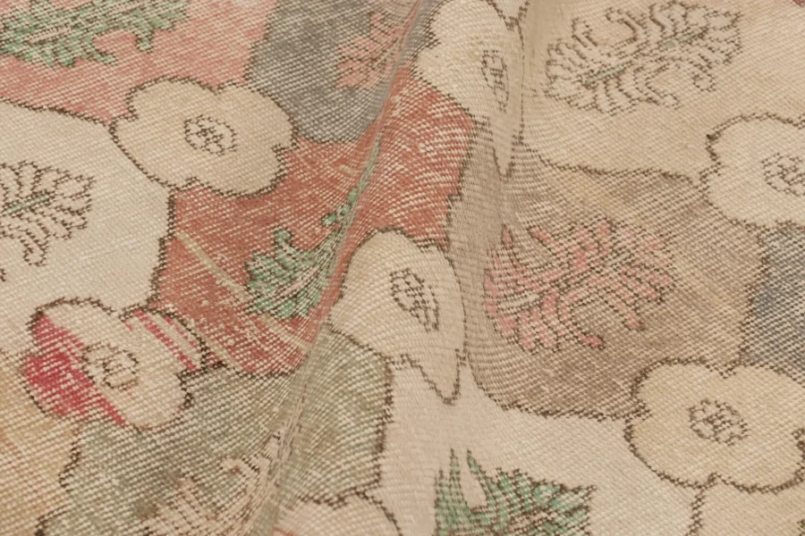 Vintage Turkish Distressed Floral Geometric Rug