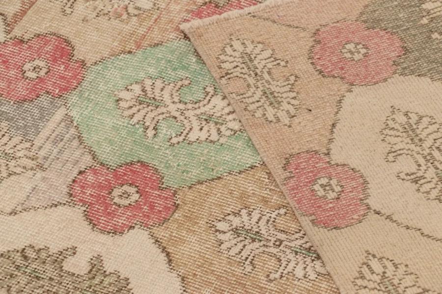 Vintage Turkish Distressed Floral Geometric Rug