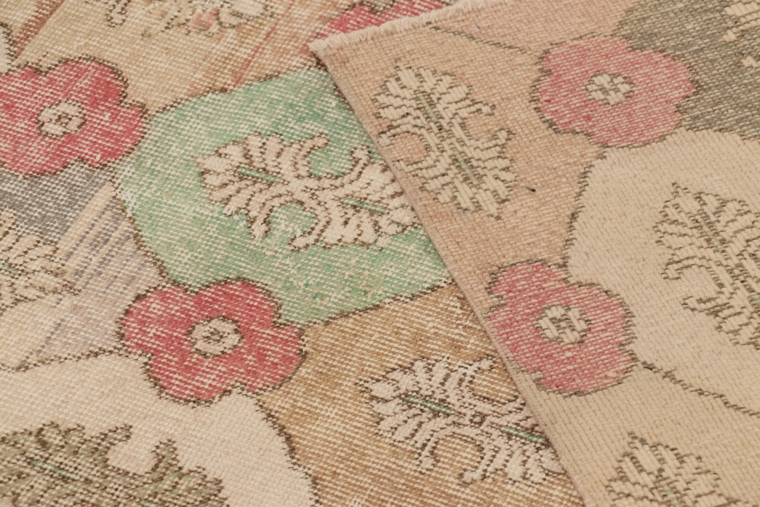 Vintage Turkish Distressed Floral Geometric Rug