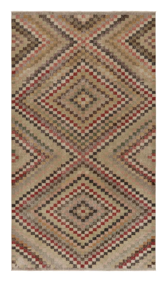 Vintage Distressed Rug, Multicolor Geometric Diamond Mosaic - Rug & Kilim