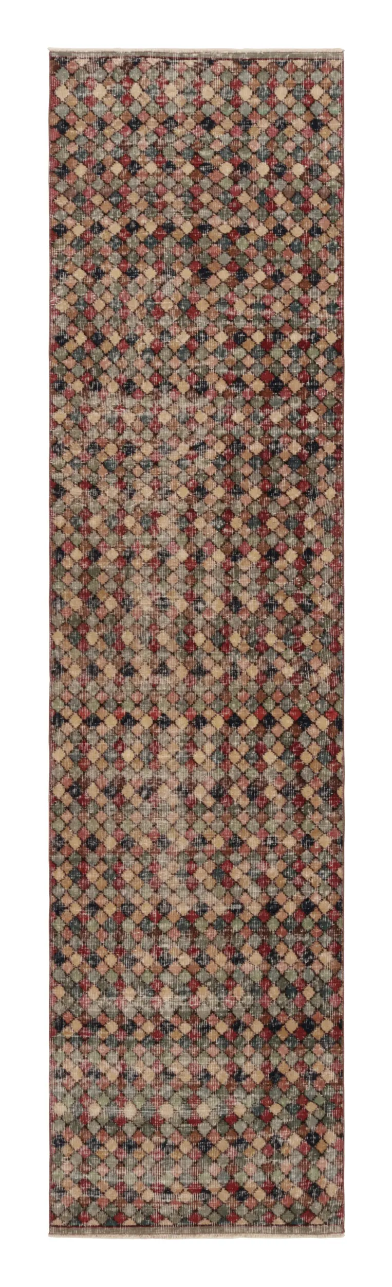 Vintage Turkish Distressed Runner, Polychromatic Geometric Rug