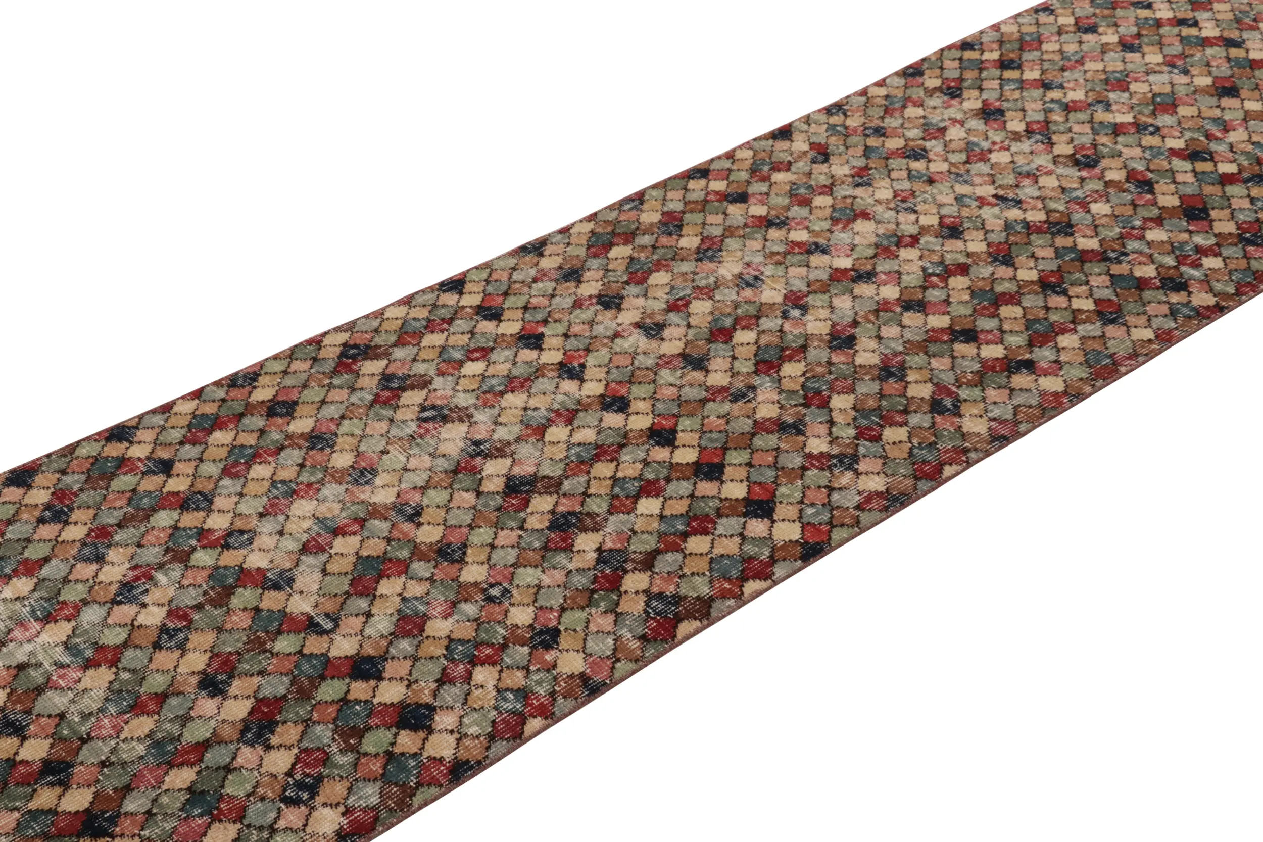 Vintage Turkish Distressed Runner, Polychromatic Geometric Rug