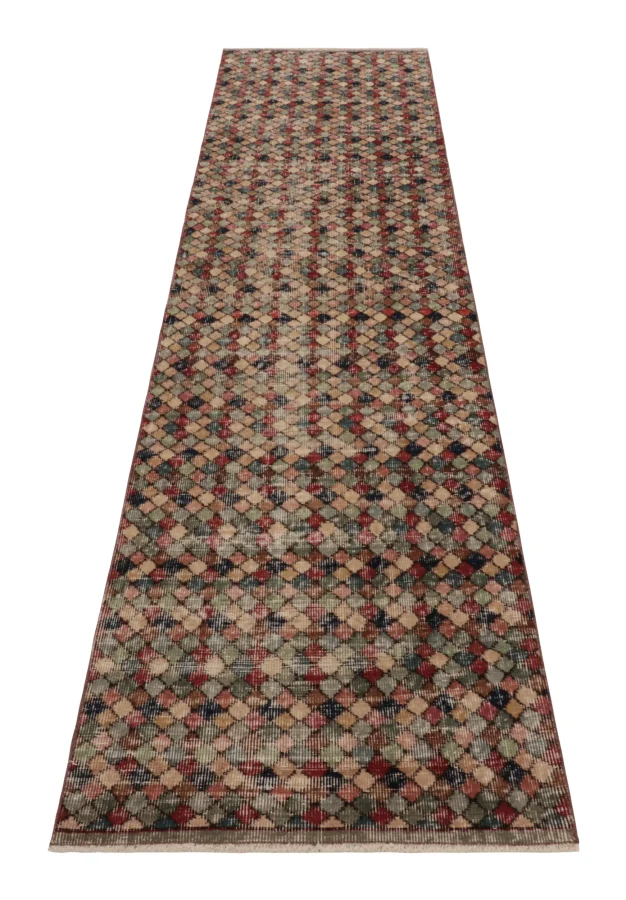 Vintage Turkish Distressed Runner, Polychromatic Geometric Rug