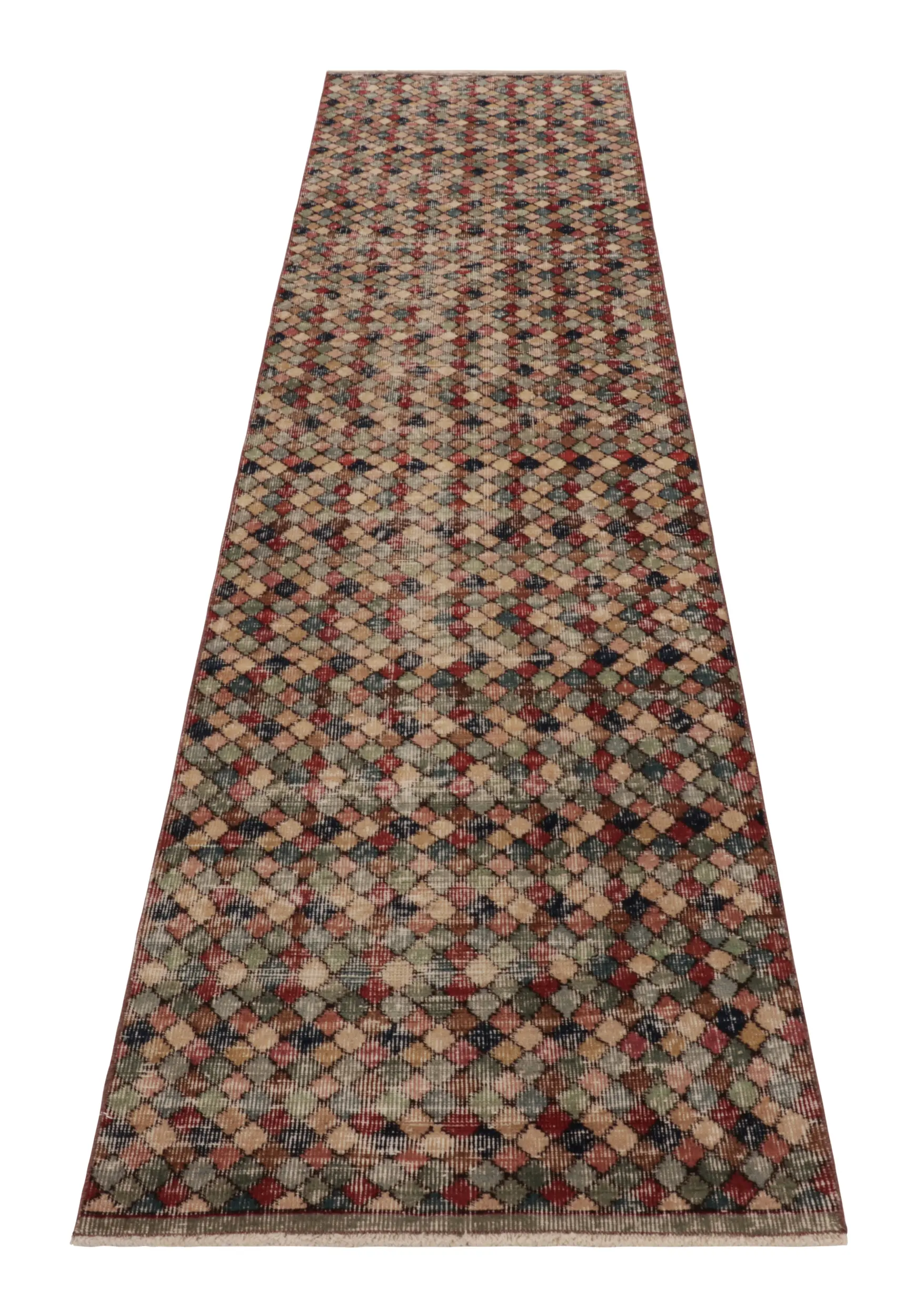 Vintage Turkish Distressed Runner, Polychromatic Geometric Rug