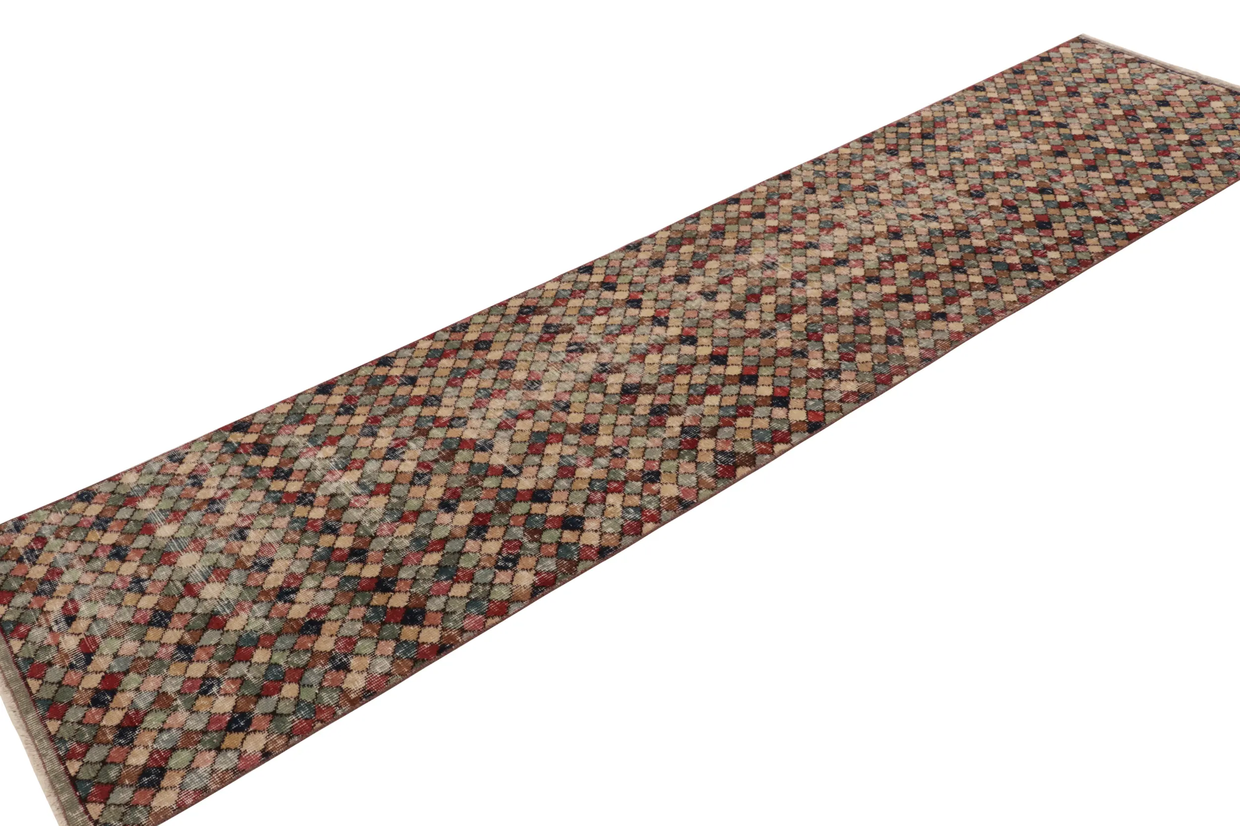 Vintage Turkish Distressed Runner, Polychromatic Geometric Rug