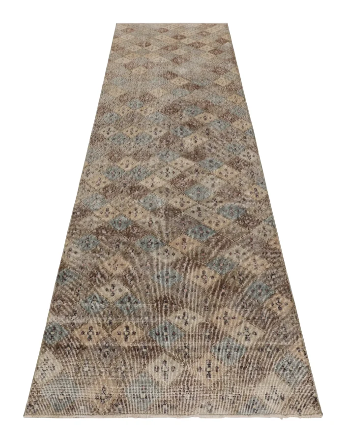 Vintage Turkish Distressed Geometric Runner Rug