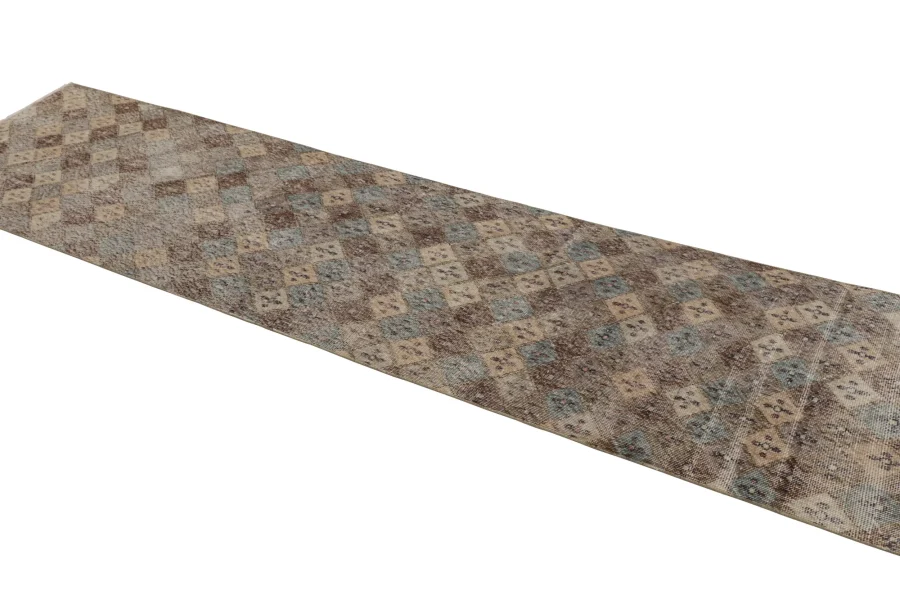 Vintage Turkish Distressed Geometric Runner Rug