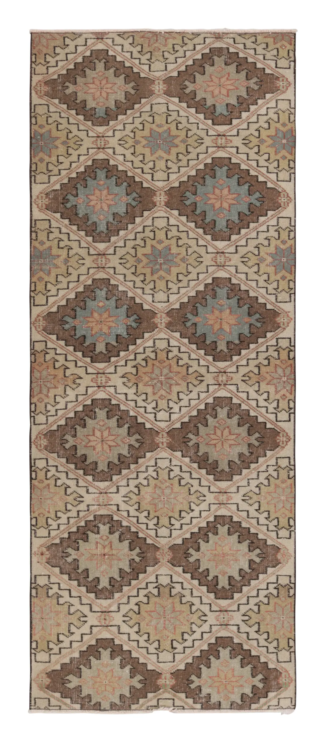 Vintage Turkish Distressed Geometric Runner Rug