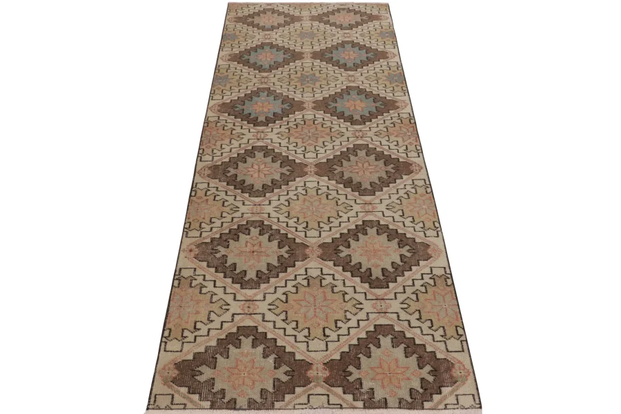 Vintage Turkish Distressed Geometric Runner Rug