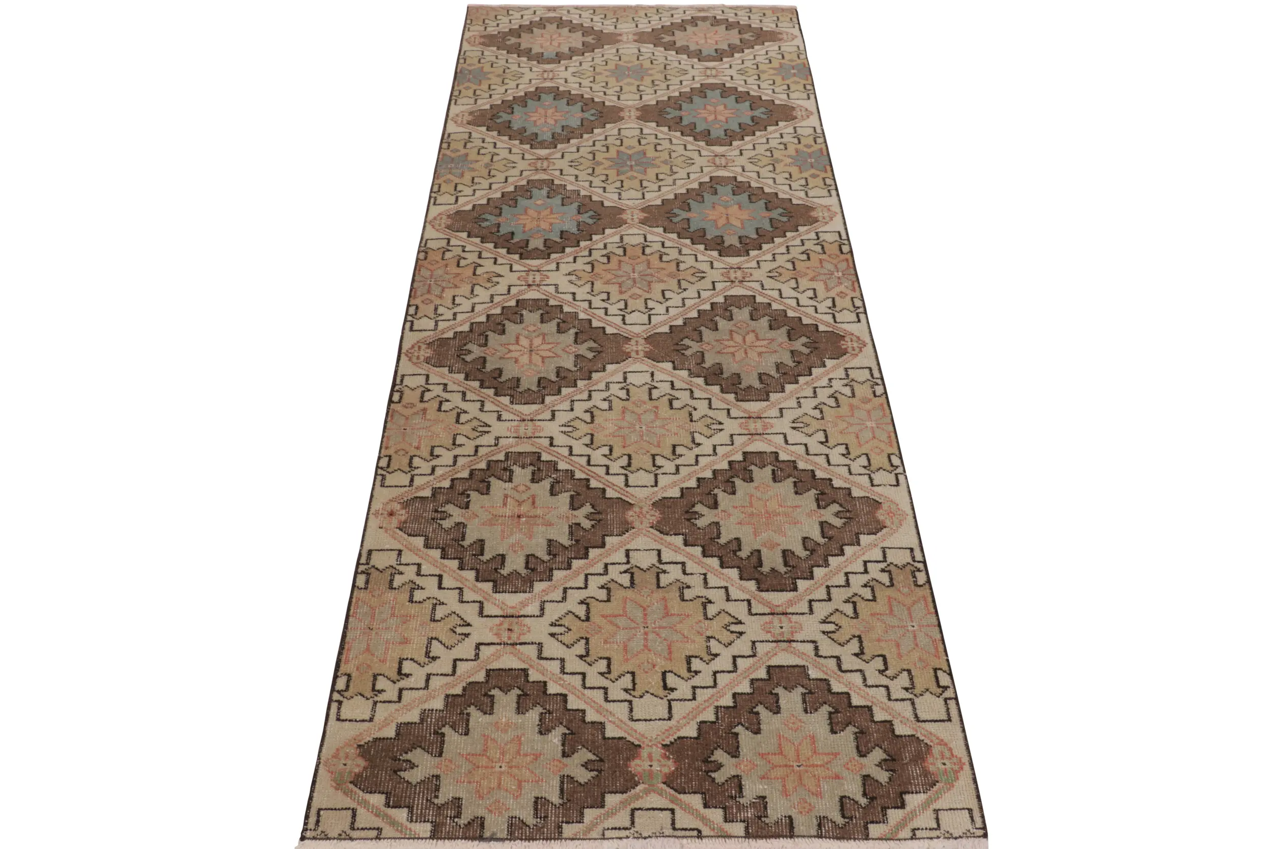 Vintage Turkish Distressed Geometric Runner Rug