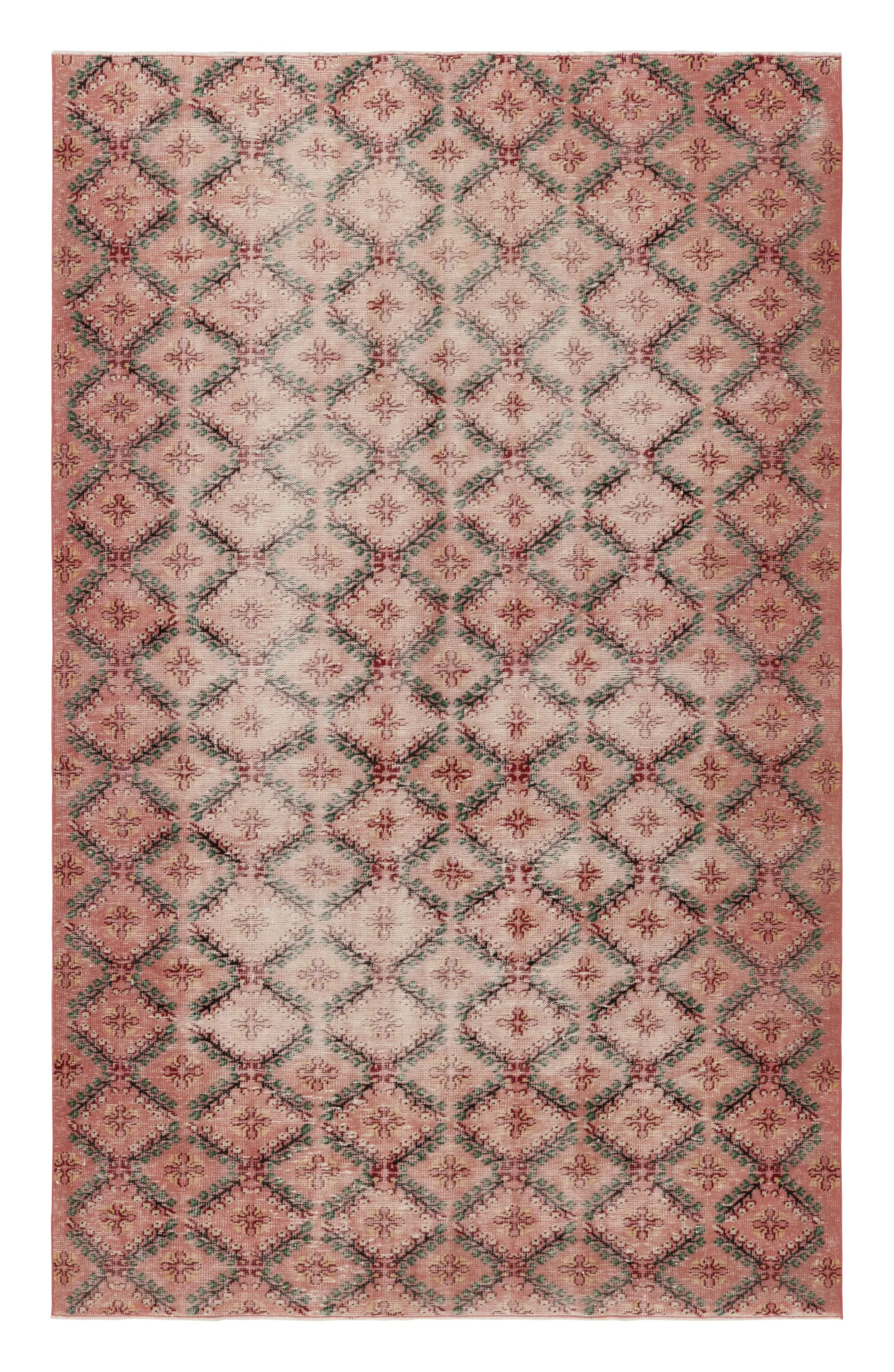 Vintage Turkish Distressed Floral Geometric Rug