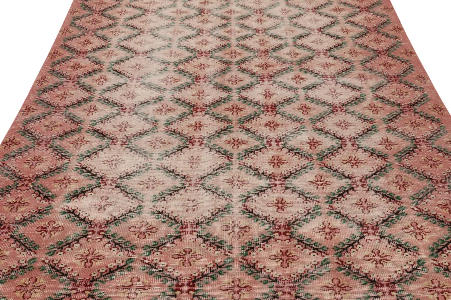 Vintage Turkish Distressed Floral Geometric Rug