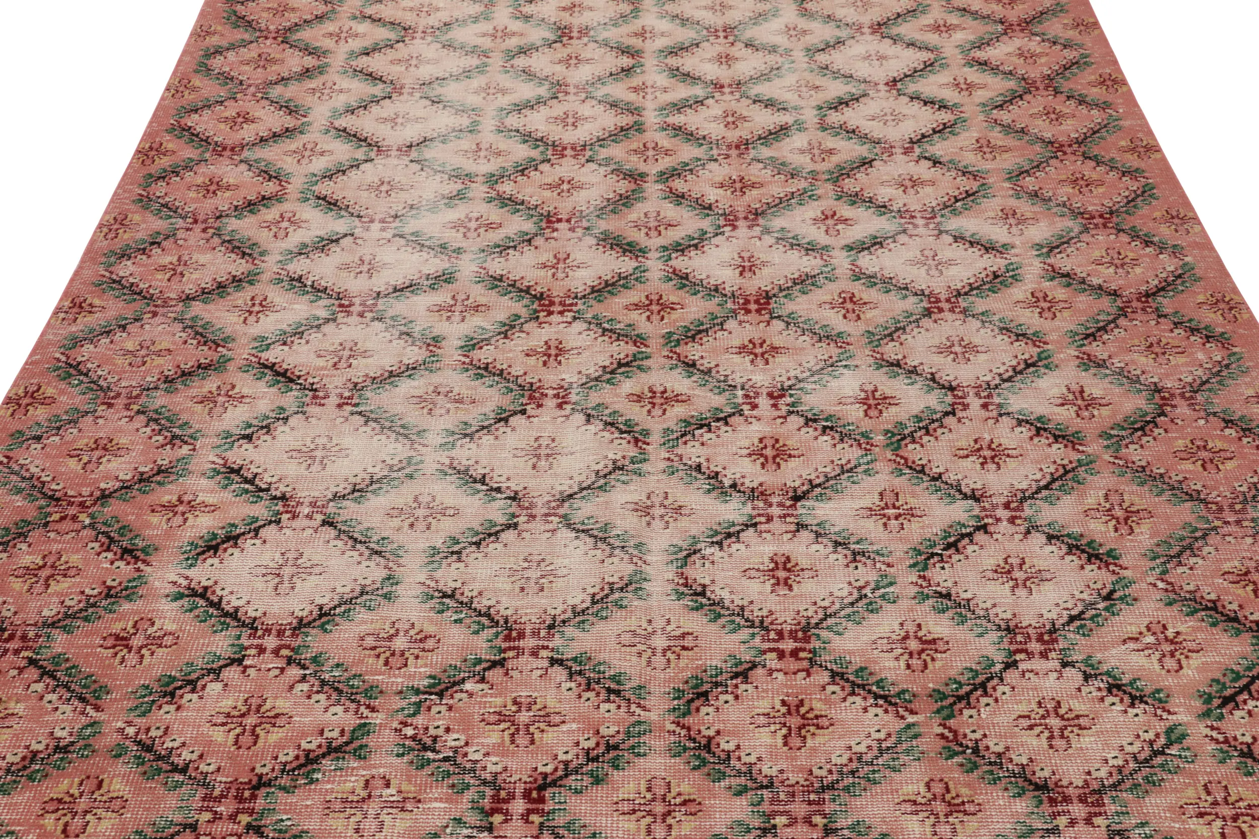 Vintage Turkish Distressed Floral Geometric Rug