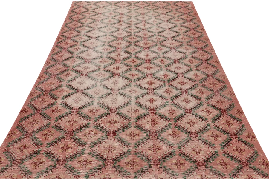 Vintage Turkish Distressed Floral Geometric Rug