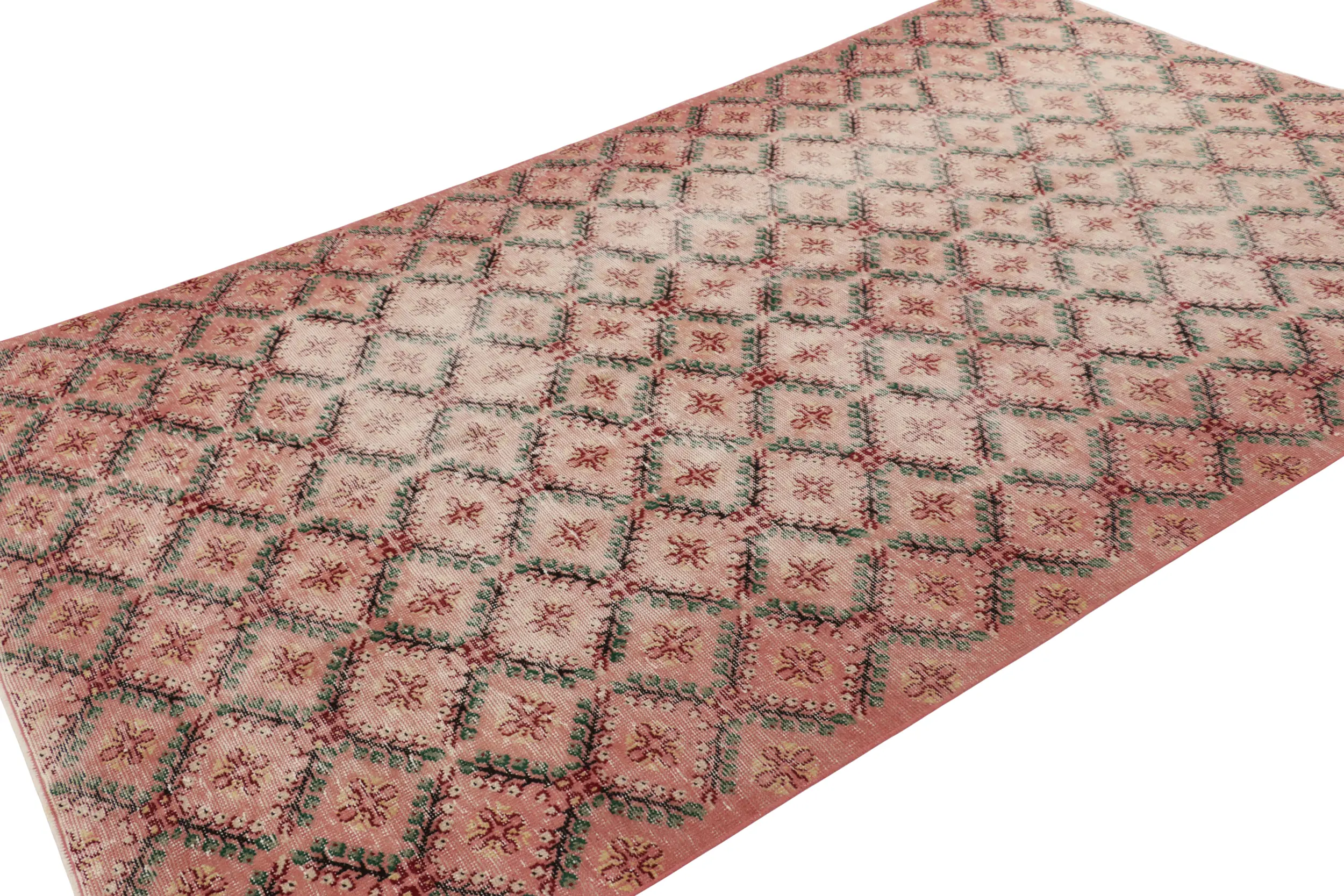 Vintage Turkish Distressed Floral Geometric Rug