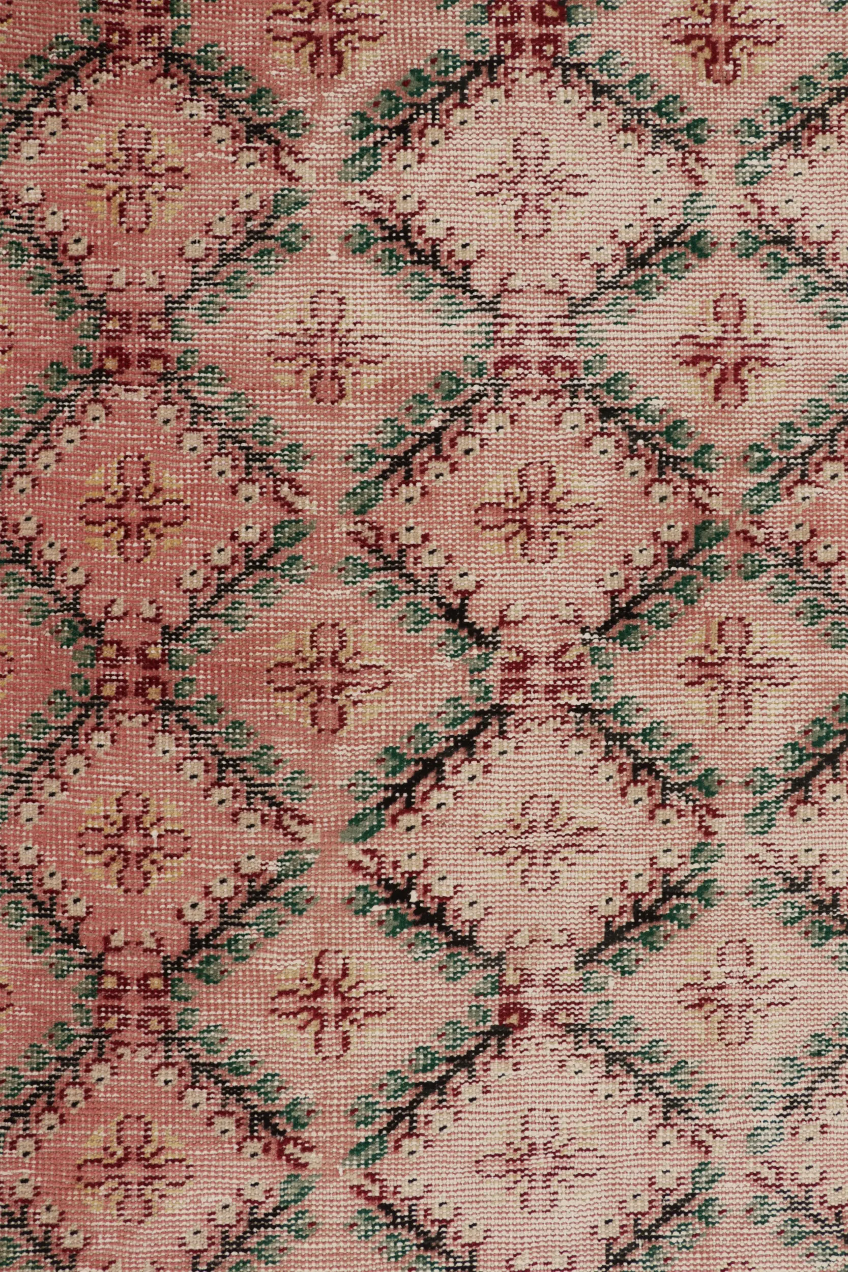 Vintage Turkish Distressed Floral Geometric Rug