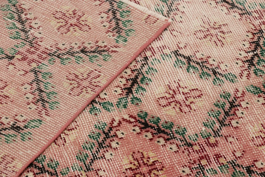 Vintage Turkish Distressed Floral Geometric Rug