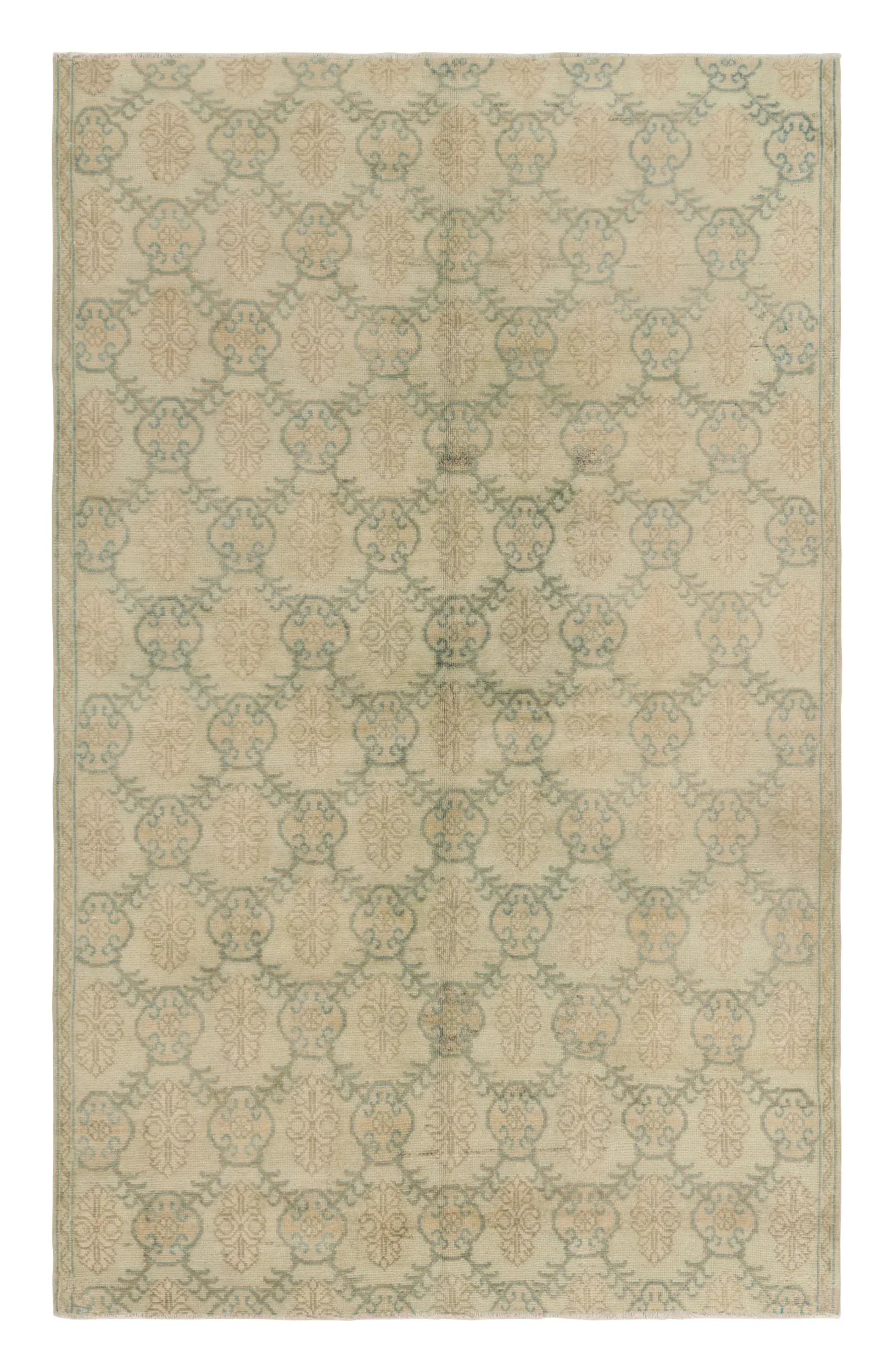Vintage Turkish Distressed Floral Geometric Rug